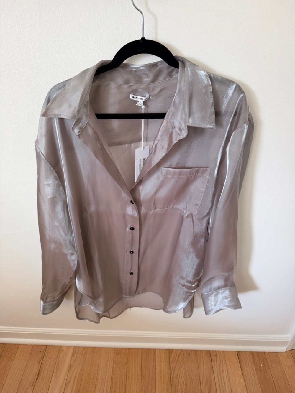 Reformation Oversized Sheer Shirt Silver Size L NWT Flawed